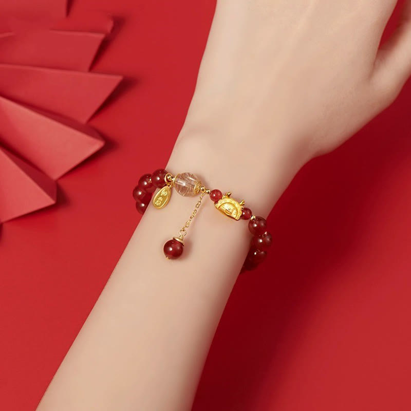 Wear FengShui Year of the Dragon Dumpling Natural Red Agate Garnet Hetian Jade Fu Character Luck Success Bracelet