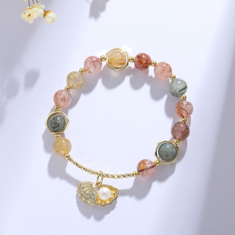 Wear FengShui Natural Colorful Rutilated Quartz Shell Protection Bead Bracelet