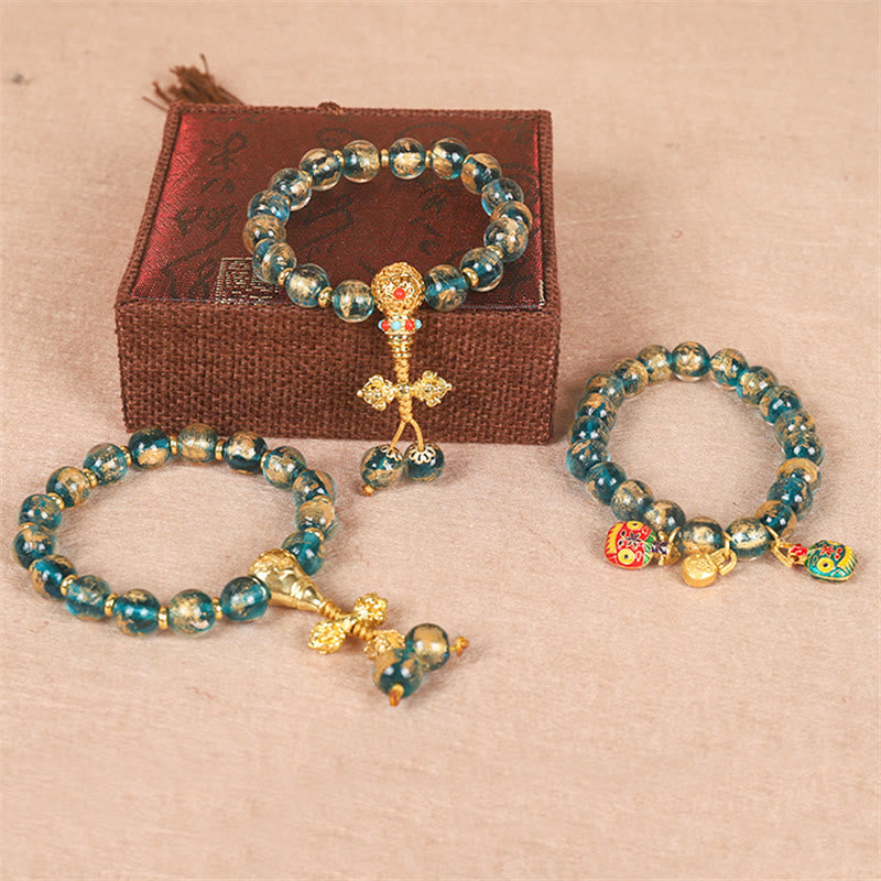 Wear FengShui Tibetan Gold Swallowing Beast Family Dorje Vajra Strength Bead Bracelet