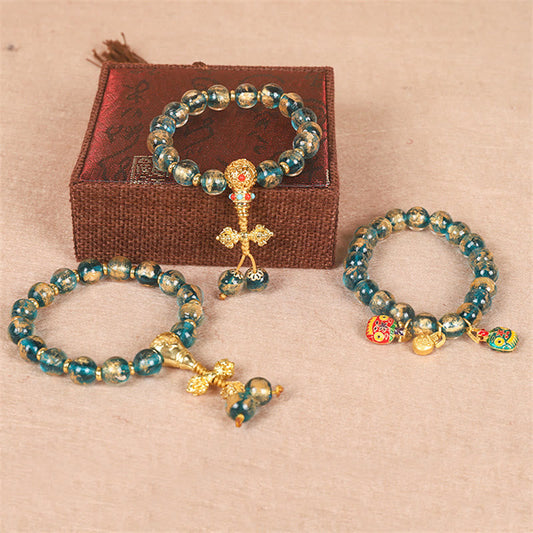 Wear FengShui Tibetan Gold Swallowing Beast Family Dorje Vajra Strength Bead Bracelet