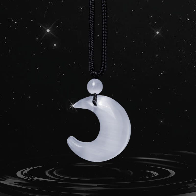 Wear FengShui Natural Silver Sheen Obsidian Selenite Crystal Crescent Moon Yin Yang Couple Protection Necklace Pendant