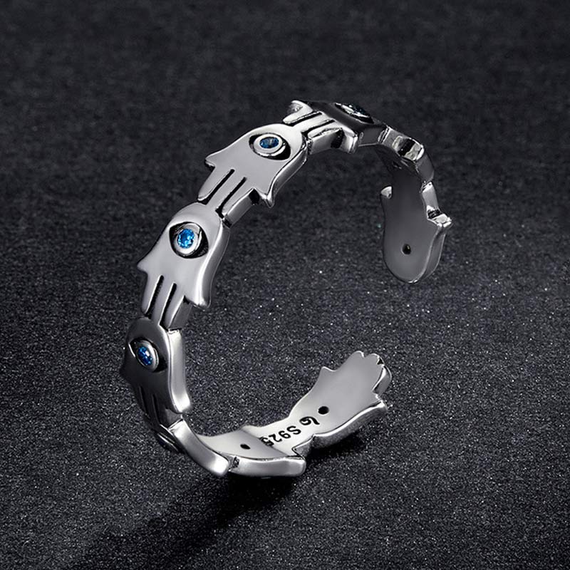 Wear FengShui 925 Sterling Silver Hamsa Symbol Zircon Adjustable Ring
