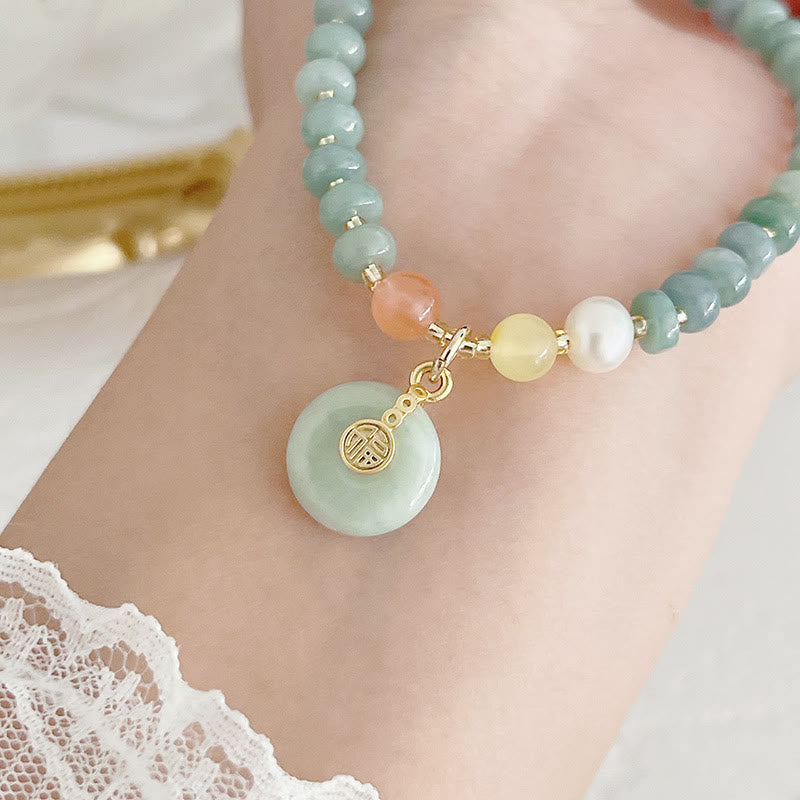 Wear FengShui Natural Hetian Jade Pearl Peace Buckle Fu Character Gourd Money Bag Strawberry Quartz PiXiu Luck Bracelet
