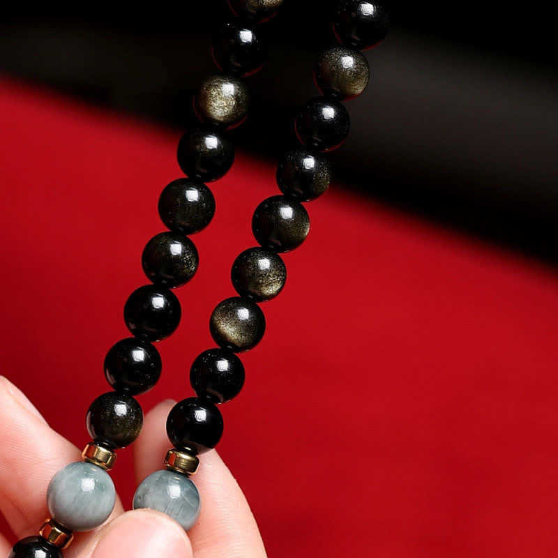 Wear FengShui 108 Mala Beads Gold Sheen Obsidian Tiger Eye Eagle's Eye Stone Wealth Bracelet