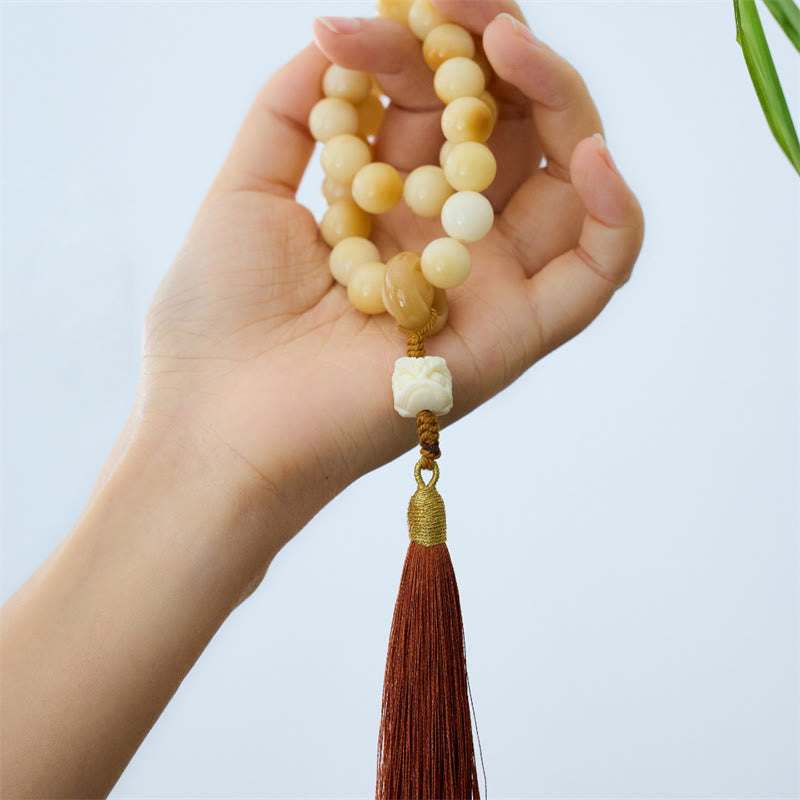 Wear FengShui Natural Bodhi Seed Ivory Fruit Dancing Lion Charm Harmony Tassel Wrist Mala