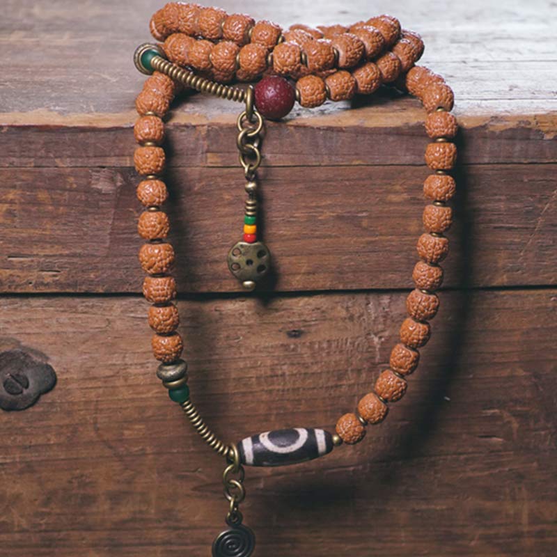 Wear FengShui 108 Mala Rudraksha Beads Bodhi Seed Dzi Bead Luck Auspiciousness Tassel Bracelet