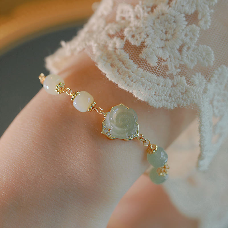 Wear FengShui 14K Gold Plated Hetian Jade Rose Flower Luck Chain Bracelet
