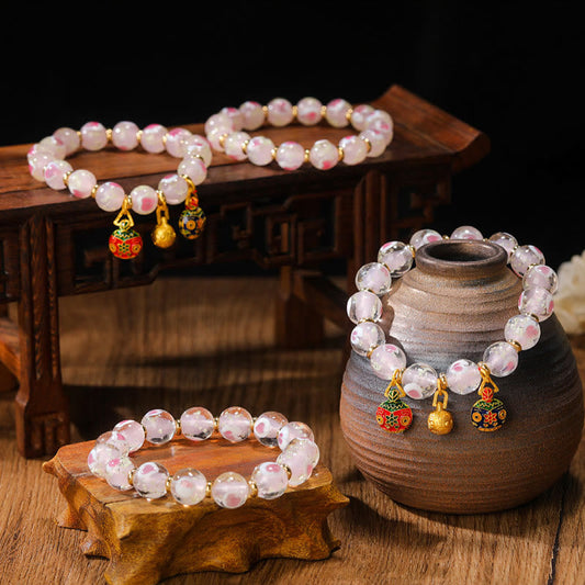 Wear FengShui Gold Swallowing Beast Family Charm Luminous Pink Love Heart Fluorescent Liuli Glass Bead Blessings Bracelet