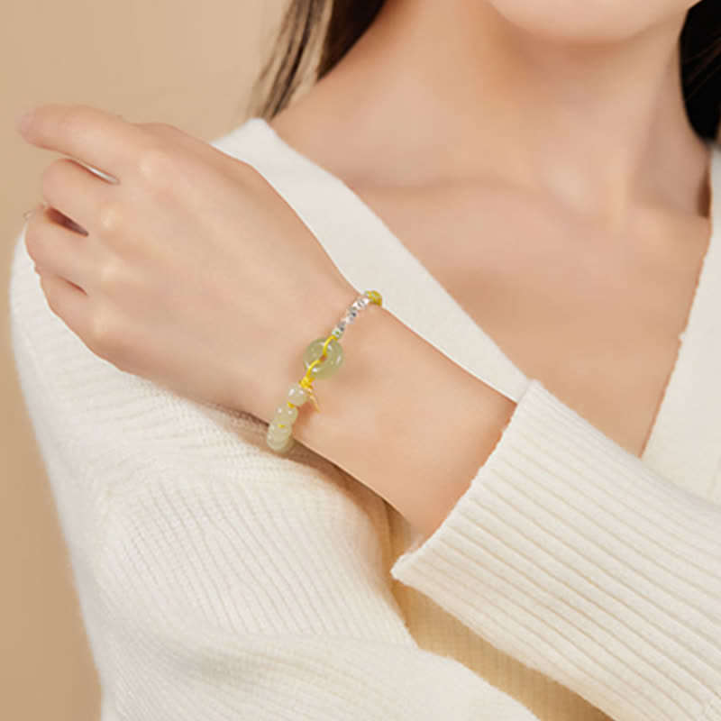 Wear FengShui 925 Sterling Silver Hetian Jade Peace Buckle Beaded Luck Happiness Charm Bracelet