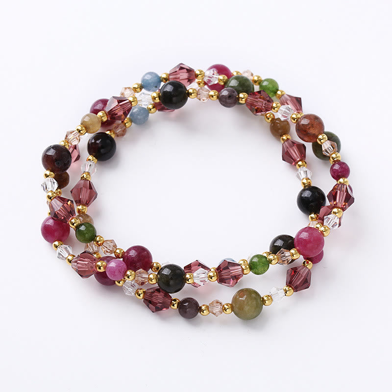 Wear FengShui Natural Tourmaline Strawberry Quartz Amethyst Peace Wisdom Double Wrap Bracelet
