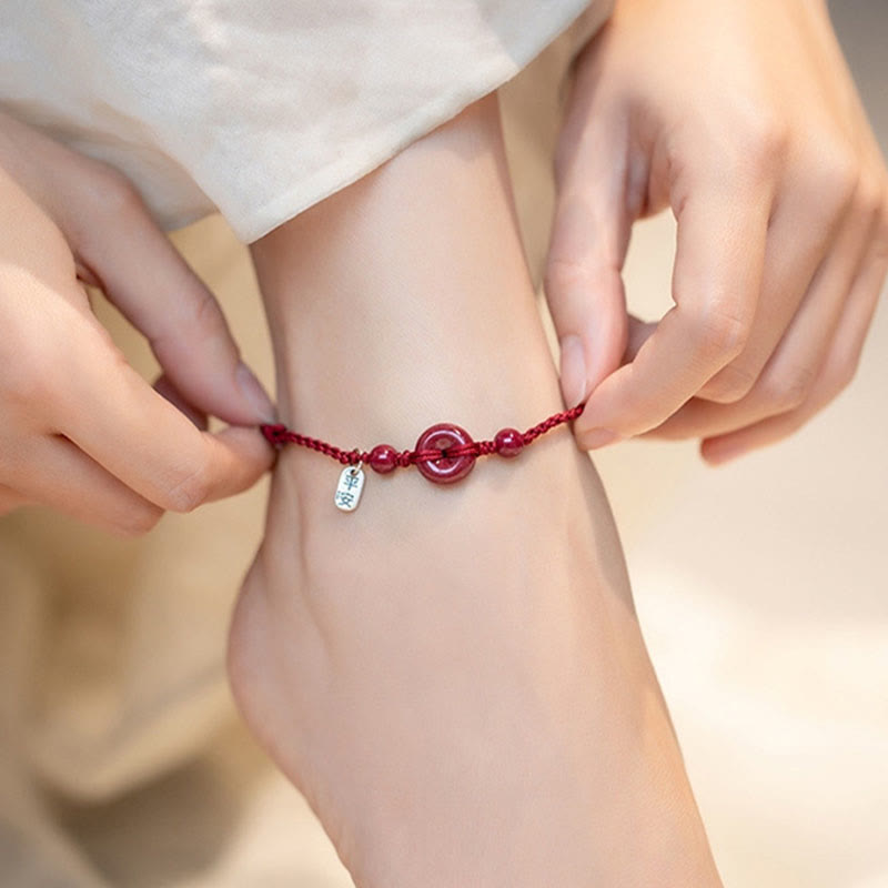 Wear FengShui Handmade Cinnabar Peace Buckle Safe and Healthy Charm Blessing String Bracelet Anklet