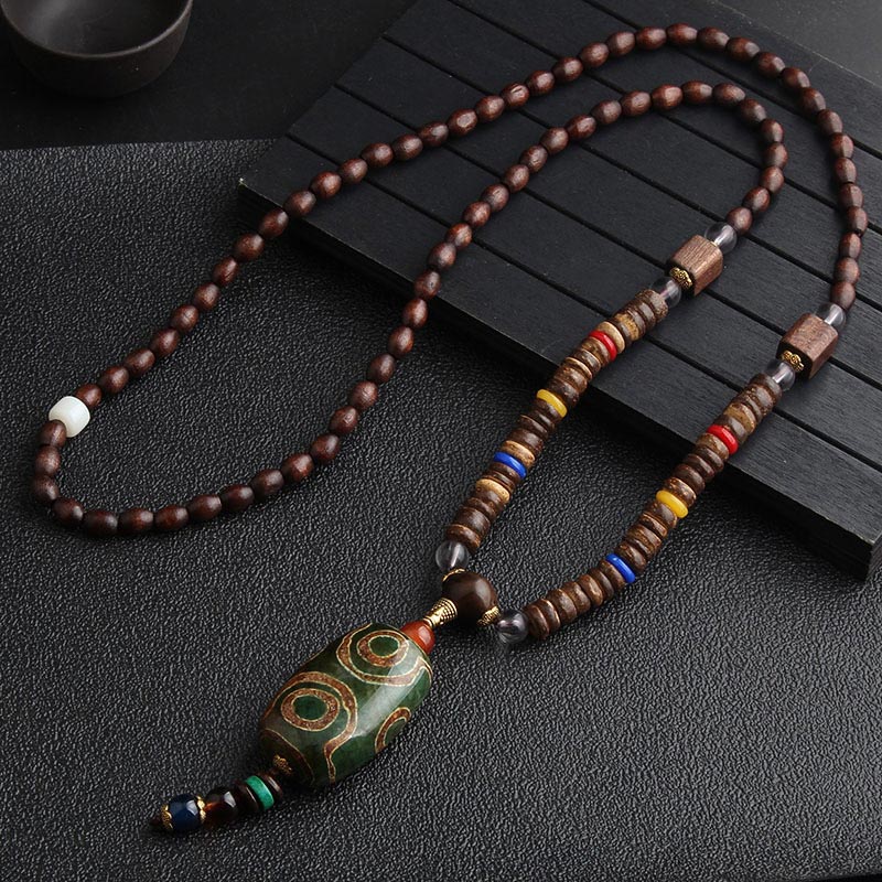 Wear FengShui Turquoise Dzi Bead Prayer Wheel Wenge Wood Meditation Necklace
