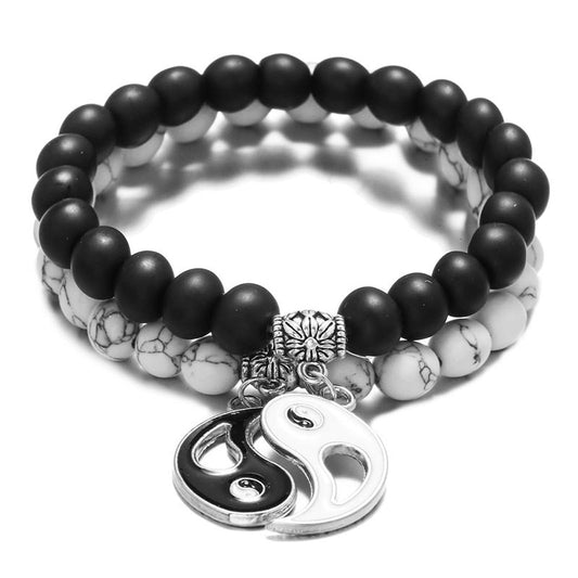 Wear FengShui 2pcs Natural Black Onyx White Turquoise Bead Yin Yang Couple Bracelet