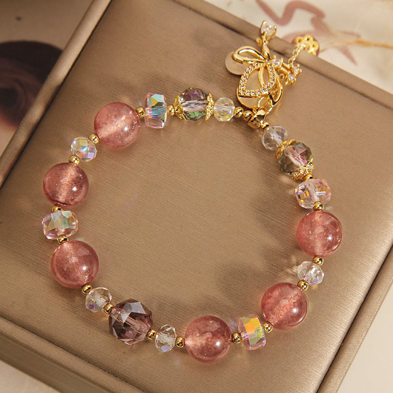 Wear FengShui Natural Strawberry Quartz Healing Positive Butterfly Charm Bracelet
