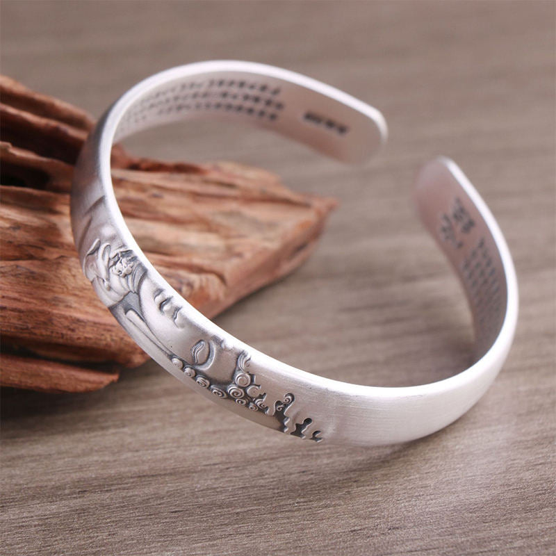 Wear FengShui 999 Sterling Silver Buddha Head Heart Sutra Serenity Bracelet Bangle