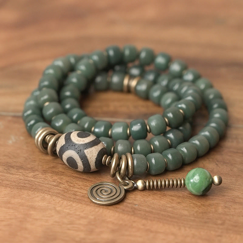 Wear FengShui Cyan Bodhi Seed Dzi Bead Wisdom Peace Triple Wrap Bracelet