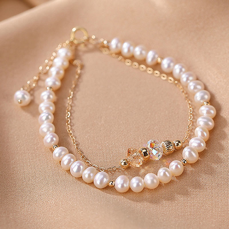 Wear FengShui 925 Sterling Silver Plated 14k Gold Natural Pearl Crystal Healing Double Layer Bracelet