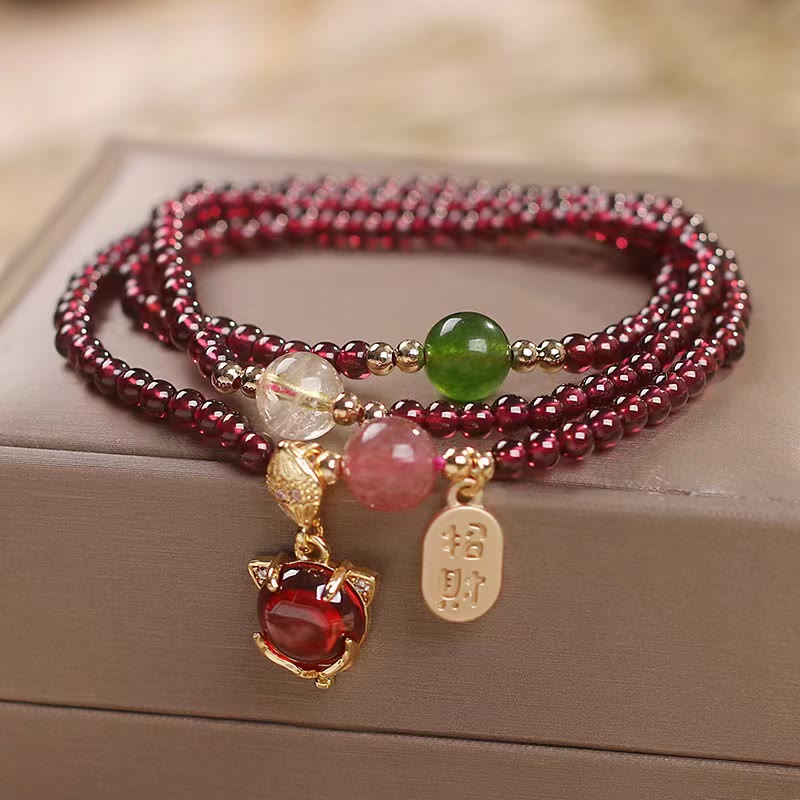 Wear FengShui Natural Garnet Strawberry Quartz Crystal Fox Koi Fish Peace Buckle Fortune Protection Triple Wrap Bracelet