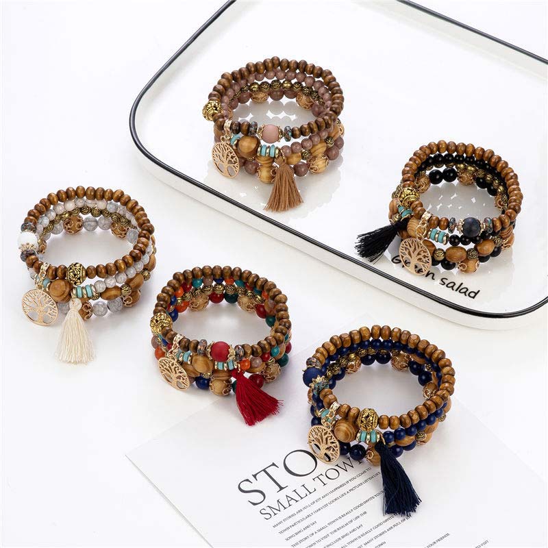 Wear FengShui Wenge Wood Layered Tree Tassel Healing Bracelet