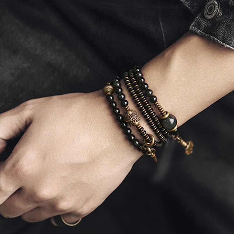 Wear FengShui Rainbow Obsidian Ebony Wood Copper Positive Multilayer Bracelet