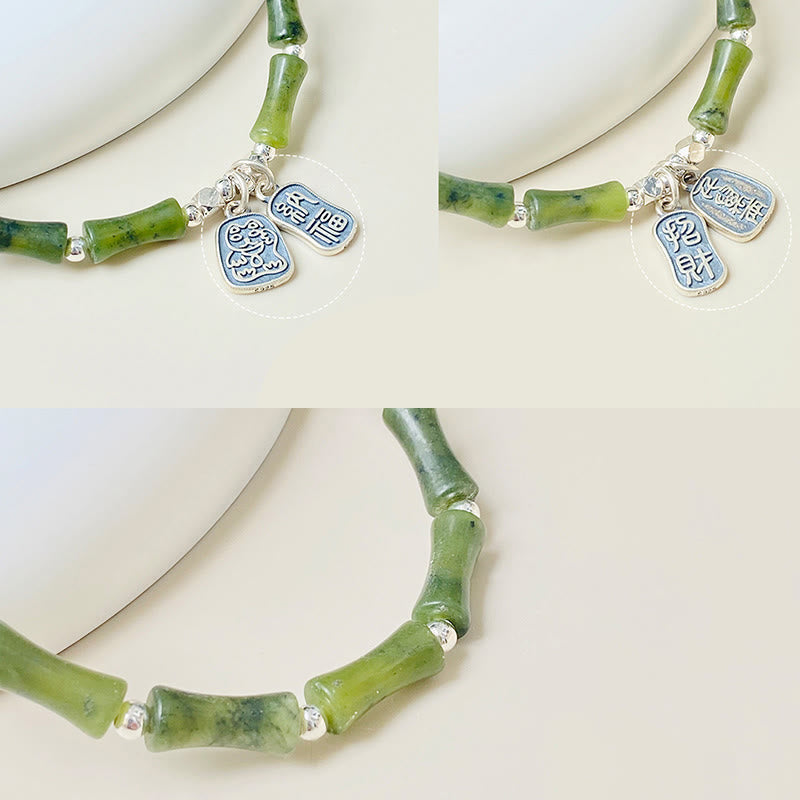 Wear FengShui 925 Sterling Silver Bamboo Jade Lucky Cat Fu Character Luck Abundance Bracelet