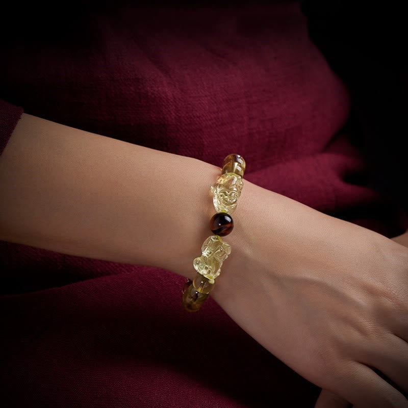 Wear FengShui Natural Citrine Double PiXiu Tiger Eye Prosperity Protection Bracelet