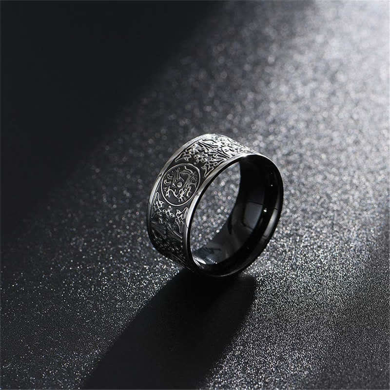 Wear FengShui Four Guardian Beast Dragon White Tiger Suzaku Basalt Carved Success Luck Ring