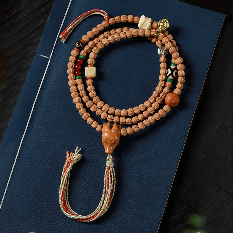 Wear FengShui 108 Beads Bodhi Seed Red Agate Deer Head Wisdom Mala Bracelet