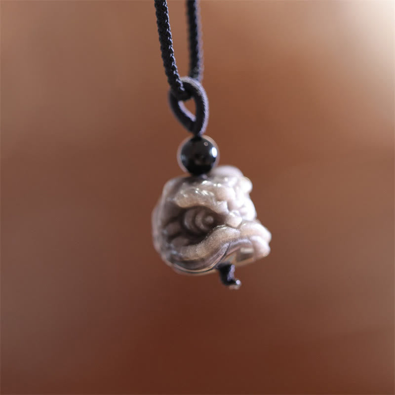 Wear FengShui Natural Silver Sheen Obsidian Dancing Lion Protection Necklace Pendant