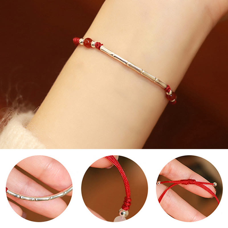 Wear FengShui 925 Sterling Silver Bamboo White Agate Red Agate Bead Protection String Braided Bracelet
