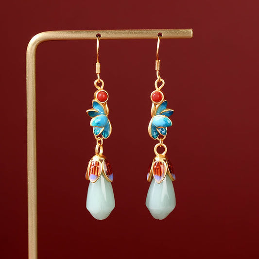 Wear FengShui Magnolia Flower Jade Pattern Luck Prosperity Drop Dangle Earrings