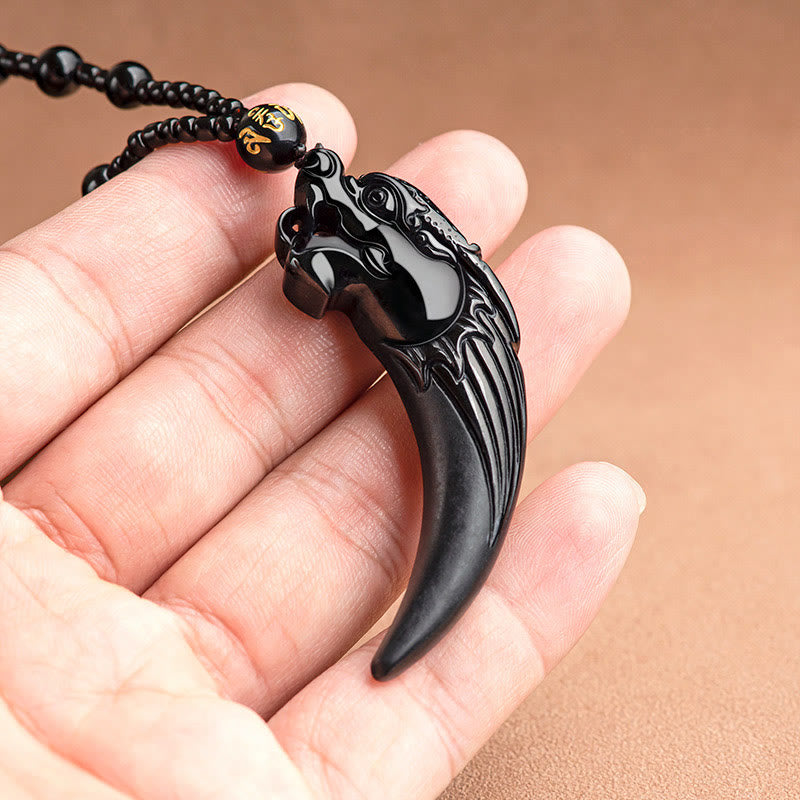 Wear FengShui Natural Black Jade Chinese Zodiac Dragon Tooth Pattern Protection Necklace Pendant