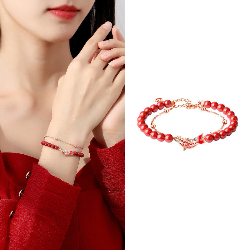 Wear FengShui 925 Sterling Silver Lucky Koi Fish Cinnabar Zircon Prosperity Double Layer Chain Bracelet