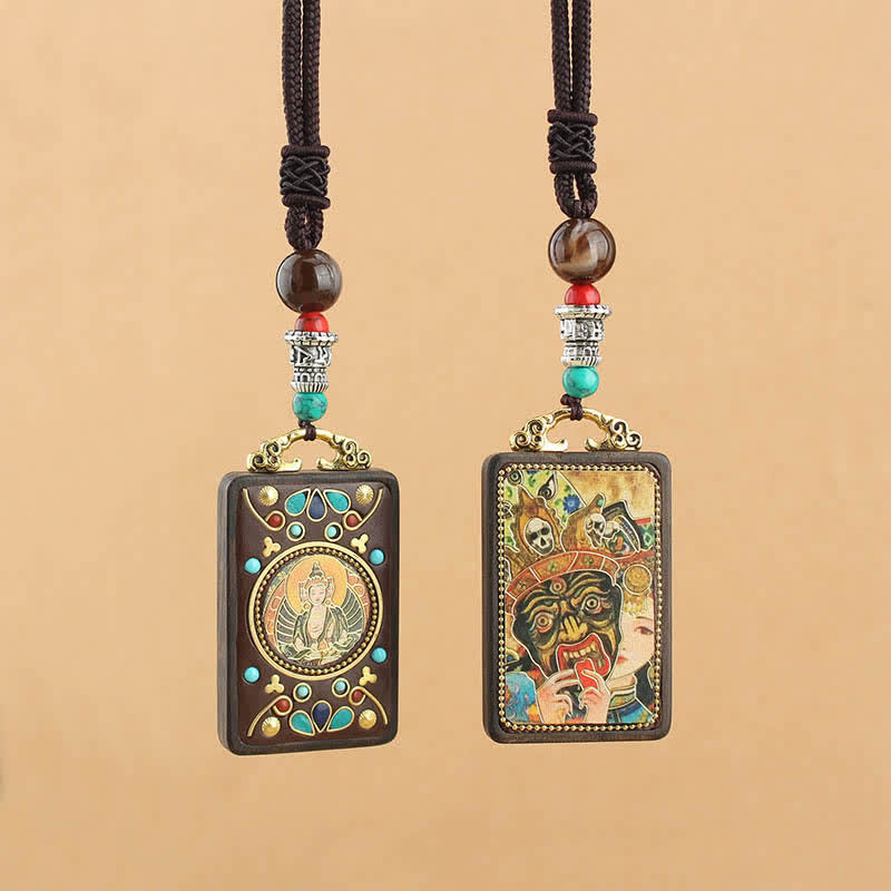 Wear FengShui Tibet God of Wealth Thangka Ebony Peace Necklace Pendant