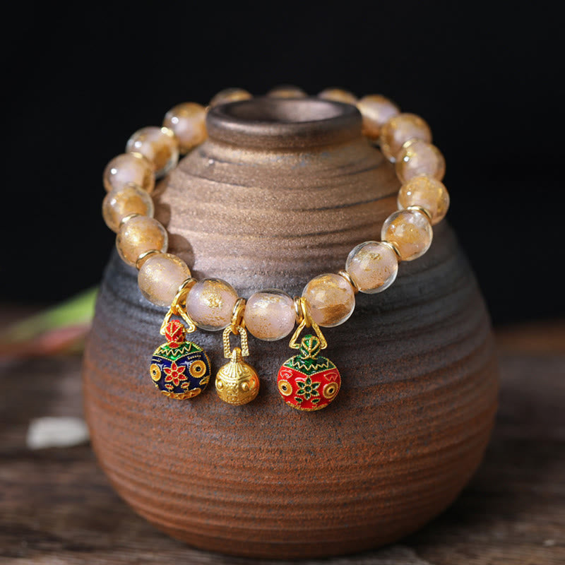 Wear FengShui Gold Swallowing Beast Family Charm Gold Silver Foil Liuli Glass Bead Blessings Bracelet