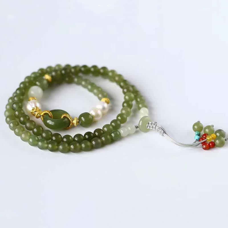 Wear FengShui Hetian Jade Pearl Peace Buckle Luck Wealth String Bracelet