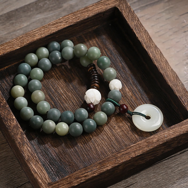 Wear FengShui Cyan Bodhi Seed Lotus Jade Peace Buckle Wisdom Double Wrap Bracelet