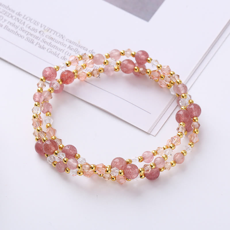 Wear FengShui Natural Tourmaline Strawberry Quartz Amethyst Peace Wisdom Double Wrap Bracelet