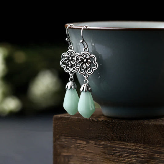 Wear FengShui Magnolia Flower Jade Water Drop Prosperity Dangle Earrings