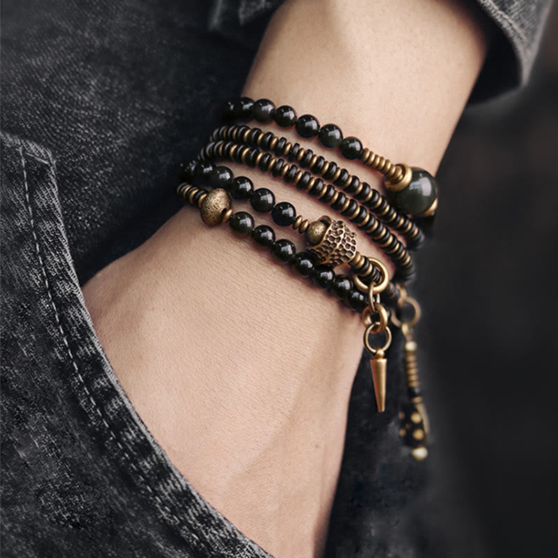 Wear FengShui Rainbow Obsidian Ebony Wood Copper Positive Multilayer Bracelet