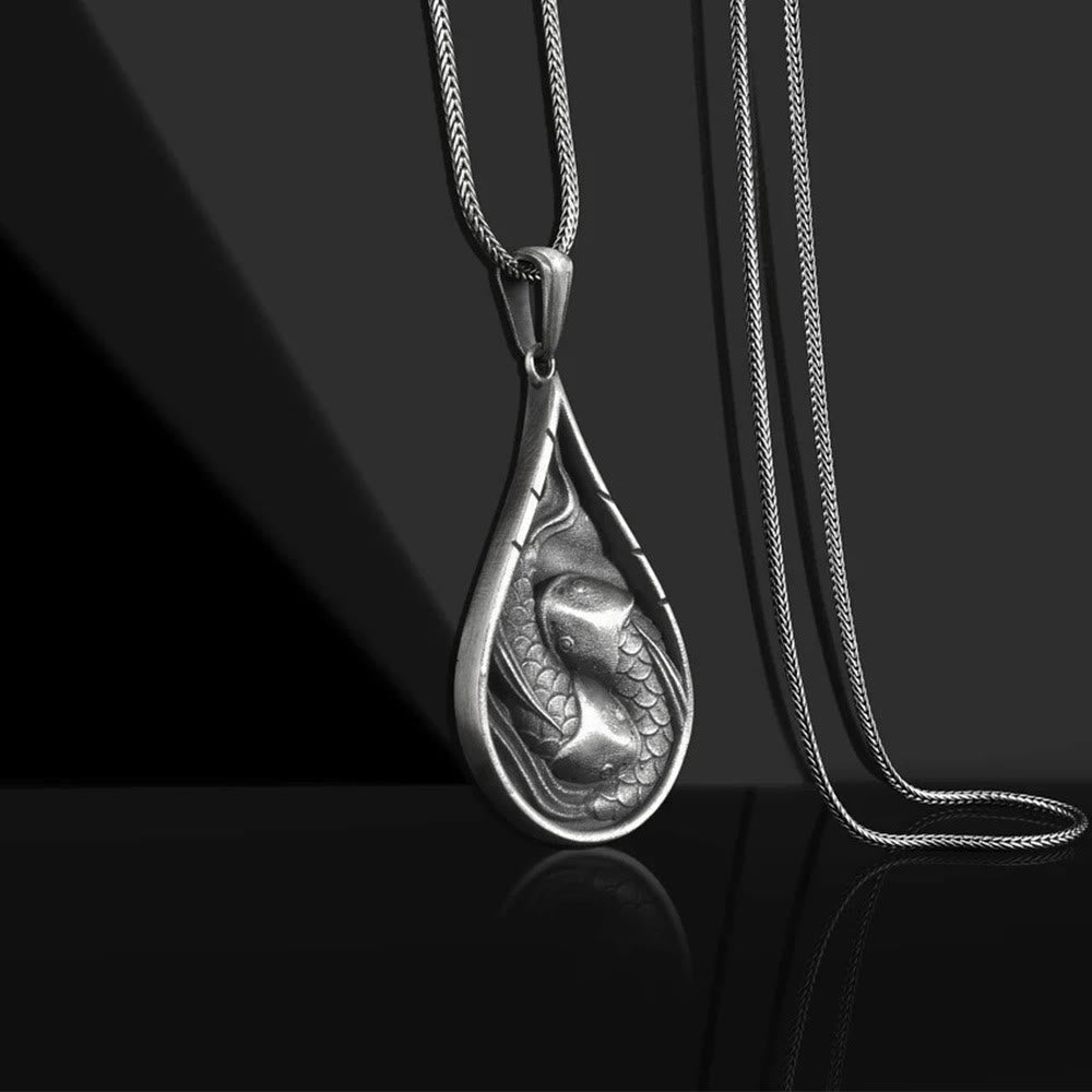 Wear FengShui Double Lucky Koi Fish Prosperity Pure Tin Water Drop Pattern Necklace Pendant