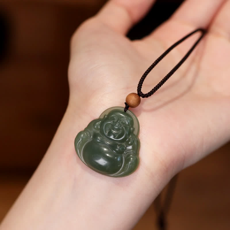 Wear FengShui Laughing Buddha Hetian Jade Healing Calm Necklace String Pendant