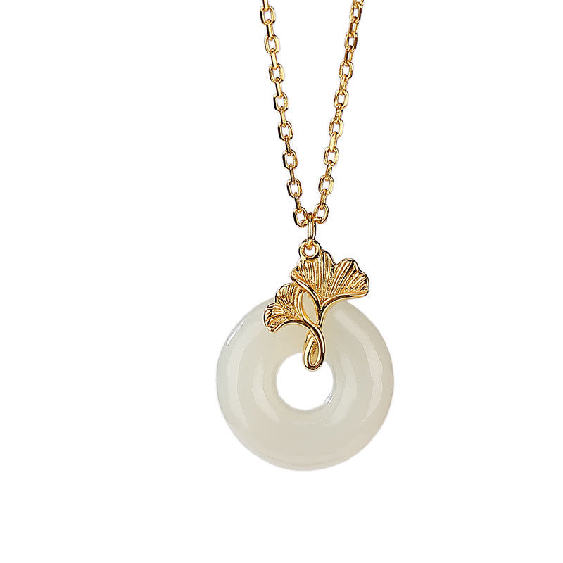 Wear FengShui 925 Sterling Silver Natural Hetian Jade Ginkgo Leaf Peace Buckle Luck Necklace Pendant