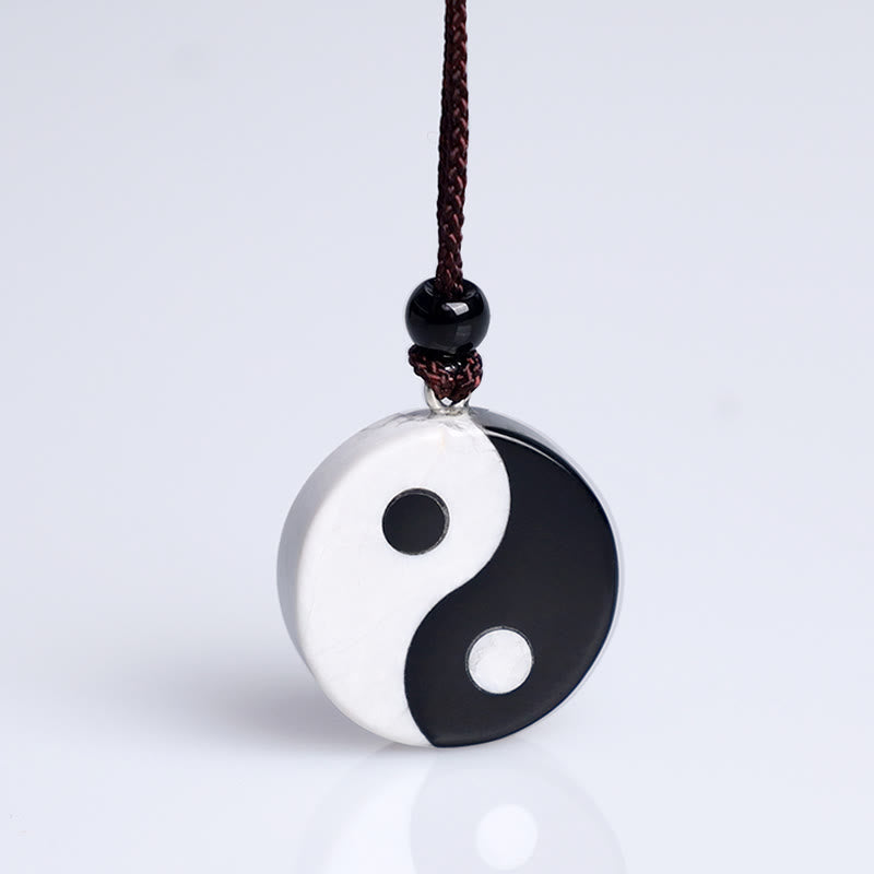 Wear FengShui Natural Black Obsidian White Turquoise Yin Yang Fulfilment Strength Necklace Pendant