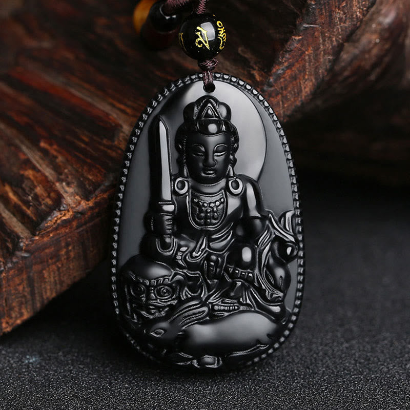Wear FengShui Chinese Zodiac Natal Buddha Natural Black Obsidian Purification Necklace Pendant