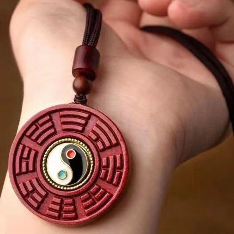 Wear FengShui Natural Cinnabar Bagua Rotatable Yin Yang Keep Away Evil Spirits Necklace Pendant