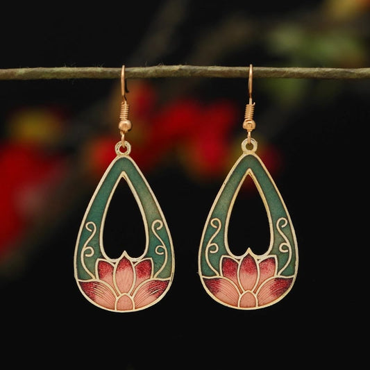 Wear FengShui Lotus Butterfly Flower Alloy Copper Enlightenment Drop Earrings