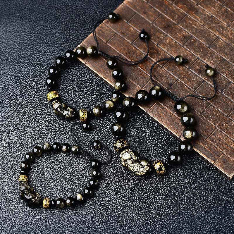 Wear FengShui Natural Gold Sheen Obsidian PiXiu Om Mani Padme Hum Wealth Braided Bracelet