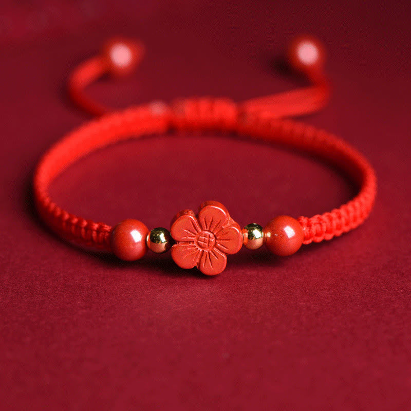 Wear FengShui Four Leaf Clover Five-petal Flower Cinnabar Blessing Red String Bracelet