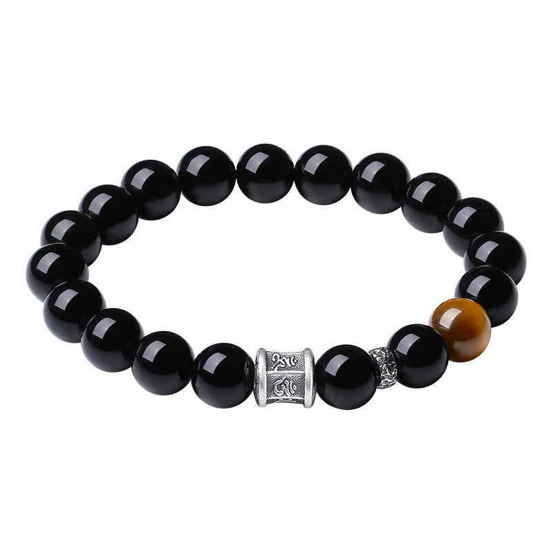 Wear FengShui 999 Sterling Silver Black Obsidian Tiger Eye Om Mani Padme Hum Fulfillment Bracelet